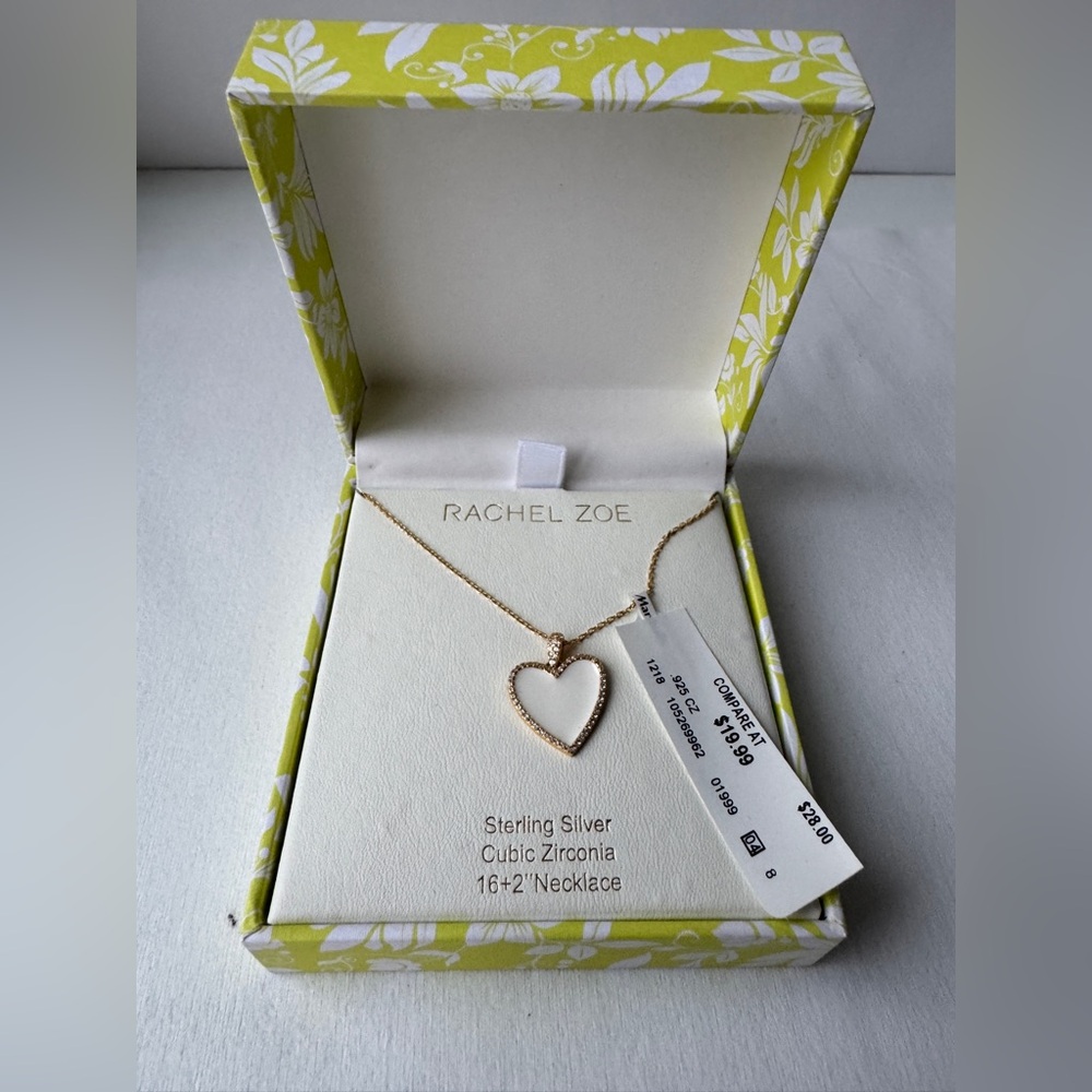 Rachel Zoe Gold Plated Sterling Silver Necklace Heart Pendant White Enamel CZ